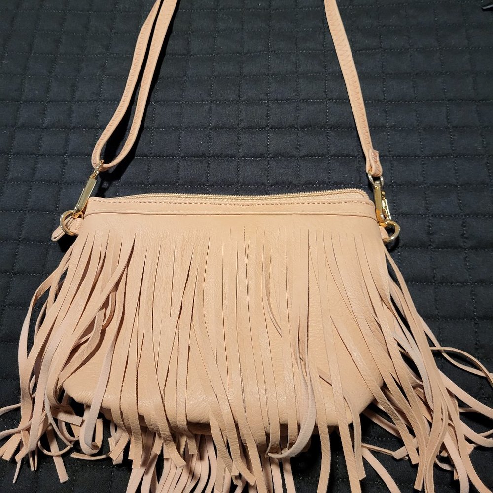 Faux Leather Neutral Tan Fringe Bag with Adjustable Strap